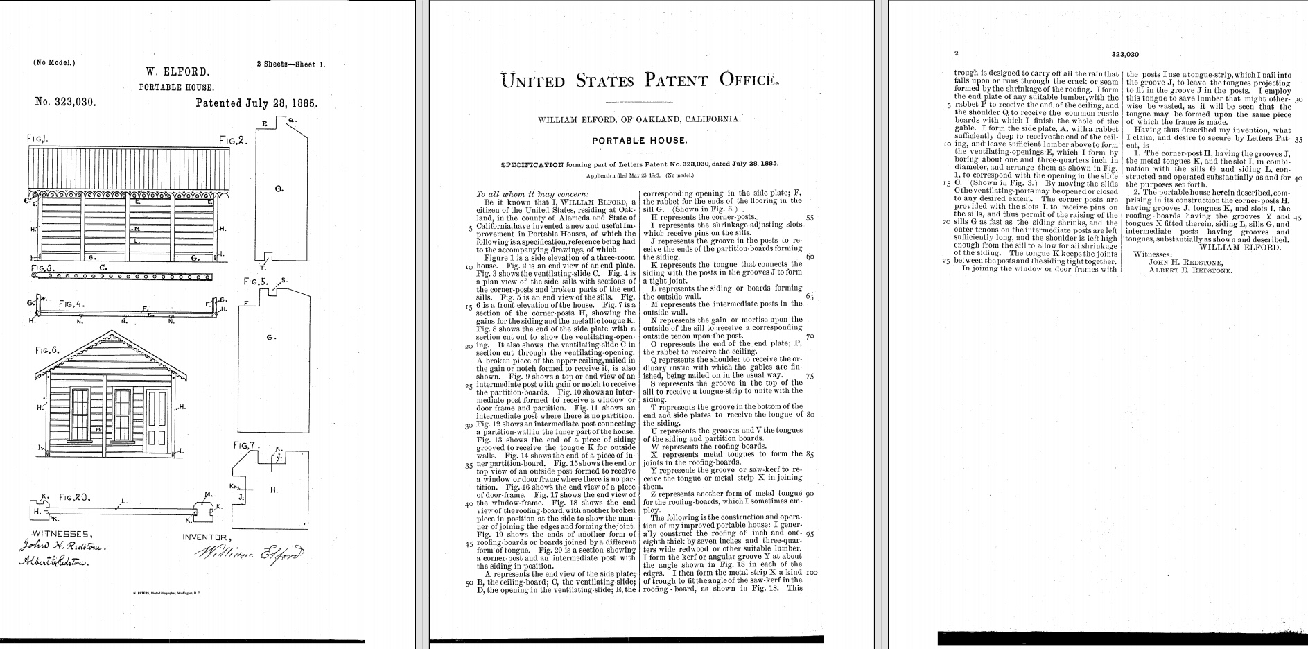 US Patent 323030 - Elford Portable House technical drawings